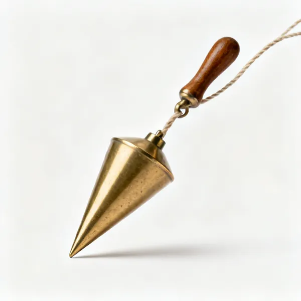 A brass plumb bob, a pointed conical weight on a cord
