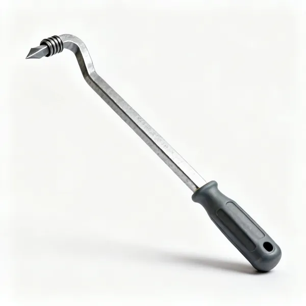 A steel pry bar with a rolled chisel tip and a moulded grip handle