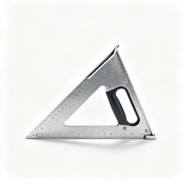 An aluminium speed square, a triangular carpenters square with a lipped edge