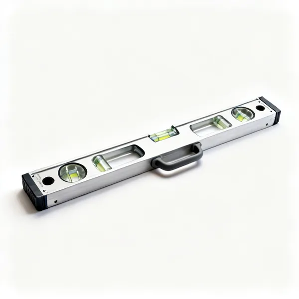 1200mm spirit level: A long aluminium spirit level with several glass vials and machined edges