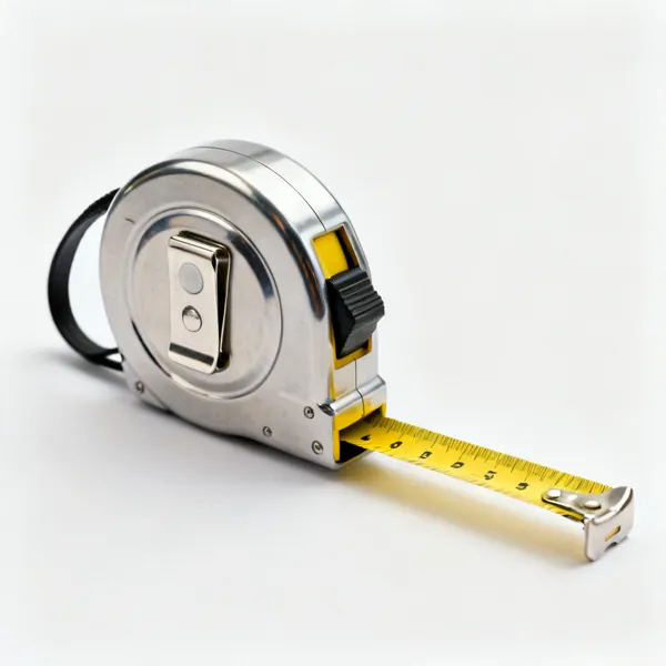 A retractable steel tape measure with a yellow blade, belt clip and locking button