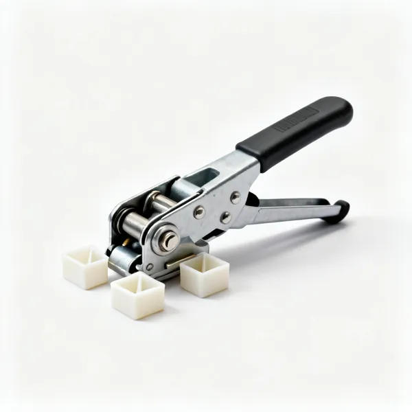 A webbing band clamp with a ratchet tensioner and four plastic corner blocks