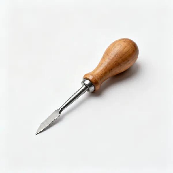A bradawl with a wooden bulb handle and a short flat chisel edged steel point