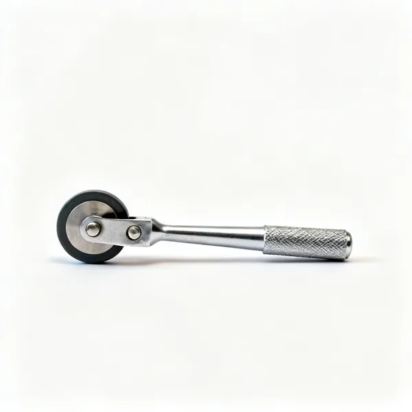 A glass cutter with a small hardened steel wheel and a knurled metal handle