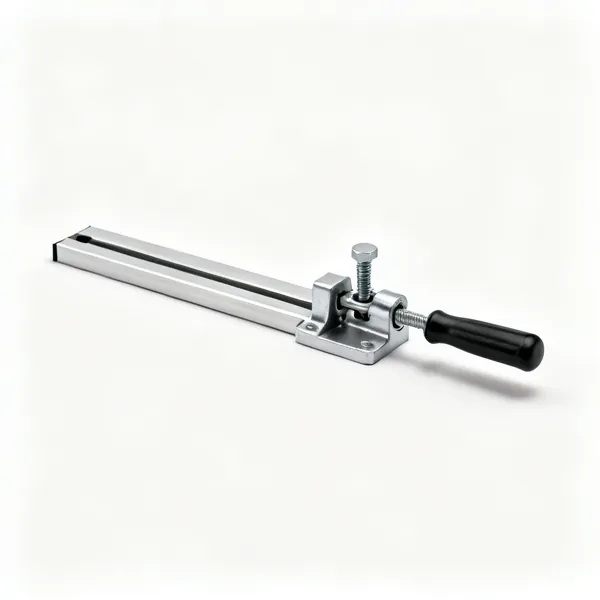 A metal sliding length stop with a clamping screw for a mitre trimmer fence