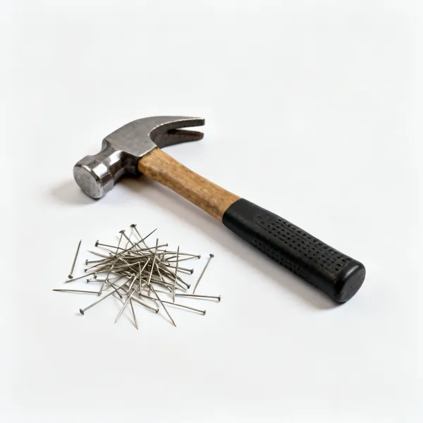 Panel pins and pin hammer: A small pin hammer beside a scattering of thin panel pins