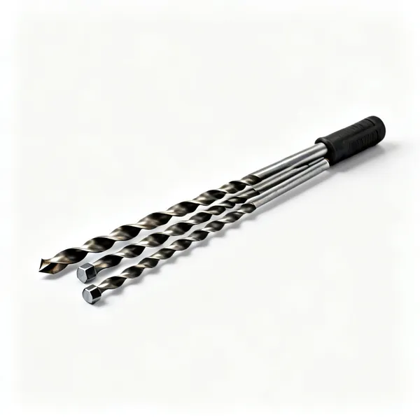 Auger bits: A set of long wood auger drill bits with spiral flutes and hex shanks