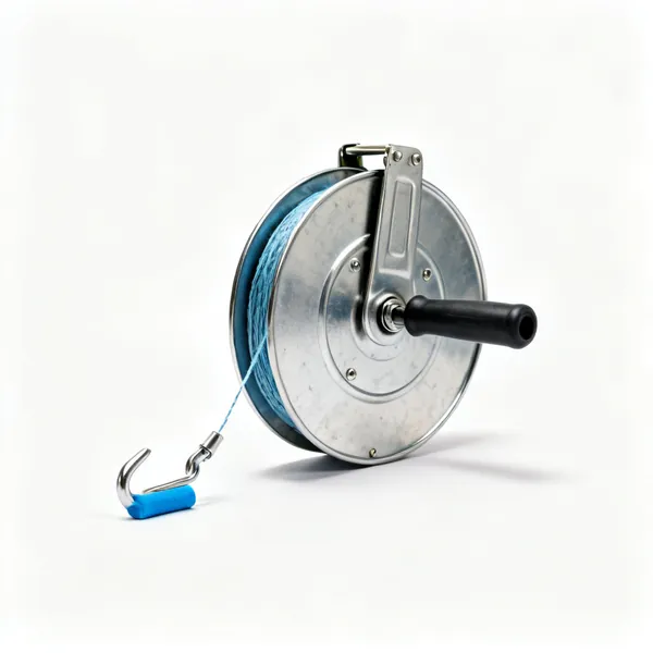 A chalk line reel with a metal case, hook and blue chalk