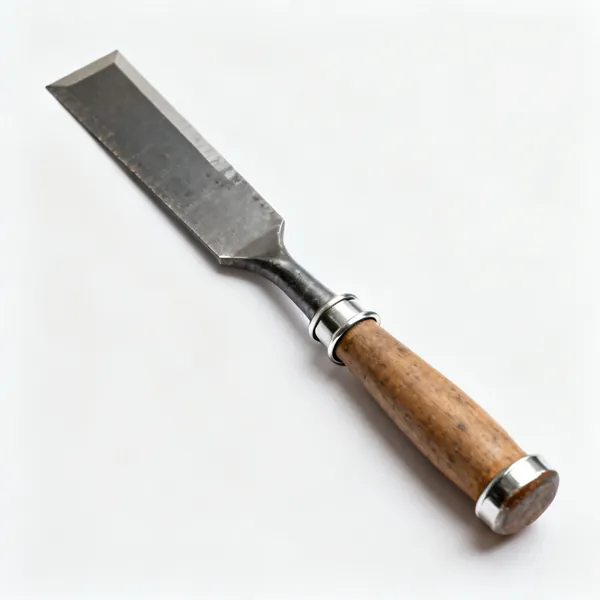 A heavy framing chisel with a thick blade, steel hooped handle and struck end
