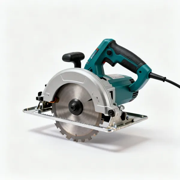 A corded circular saw with a metal base plate, blade guard and pistol grip