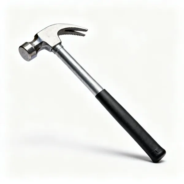 A framing hammer with a heavy steel head, milled face, straight claw and long handle