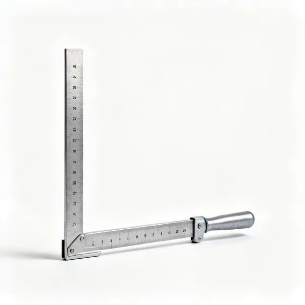 A large steel framing square, an L shaped square with two long arms and engraved scales