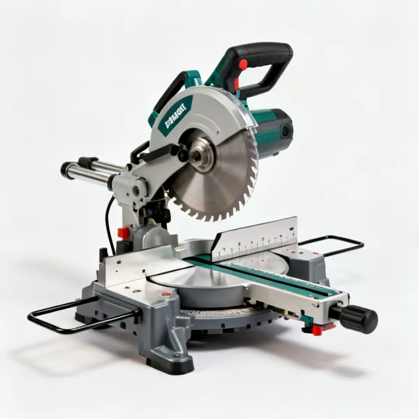 A sliding compound mitre saw with a circular blade, fence and mitre scale