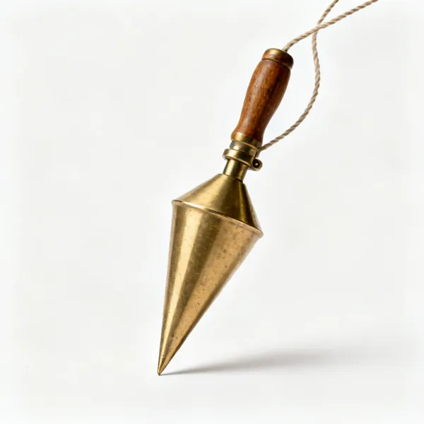 A brass plumb bob, a pointed conical weight on a cord