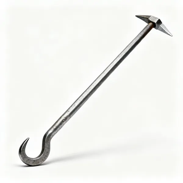 A long steel wrecking bar with a hooked claw at one end and a chisel at the other