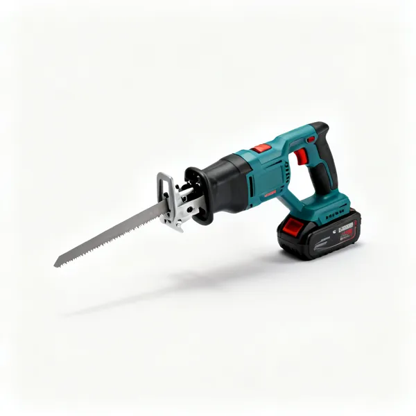 A cordless reciprocating saw with a long blade, shoe and pistol grip