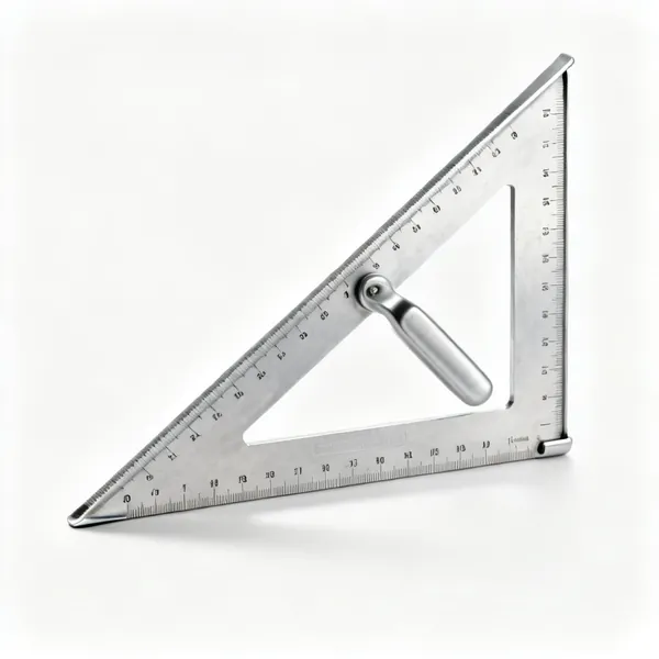 An aluminium speed square, a triangular carpenters square with a lipped edge and pitch markings