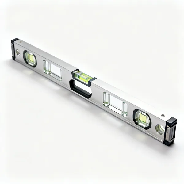 1200mm spirit level: A long aluminium spirit level with several glass vials and machined edges