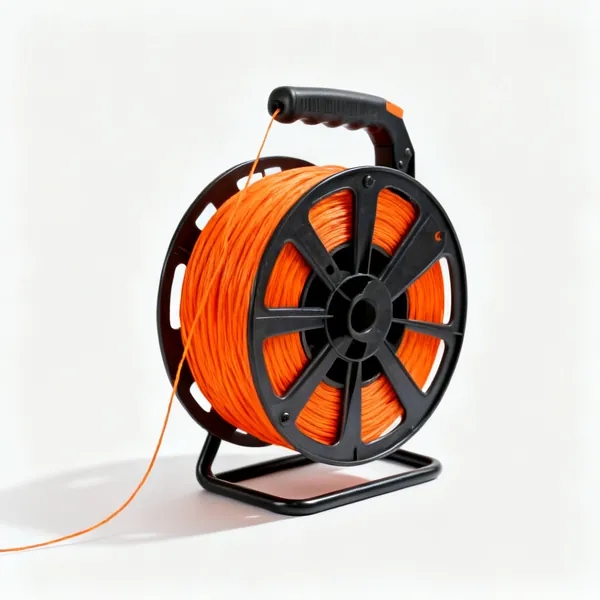 A string line reel with bright orange builders line partly unwound