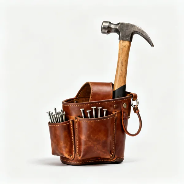 A leather tool belt with nail pouches and a hammer loop