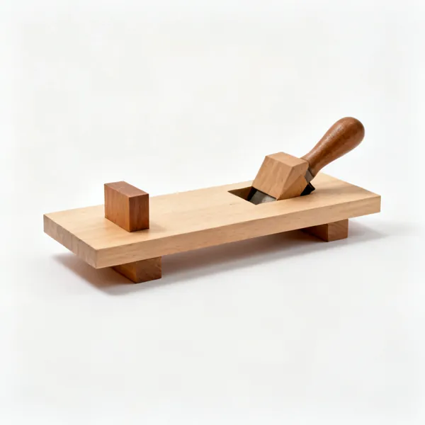 A wooden bench hook, a flat board with a raised wooden stop block at each end