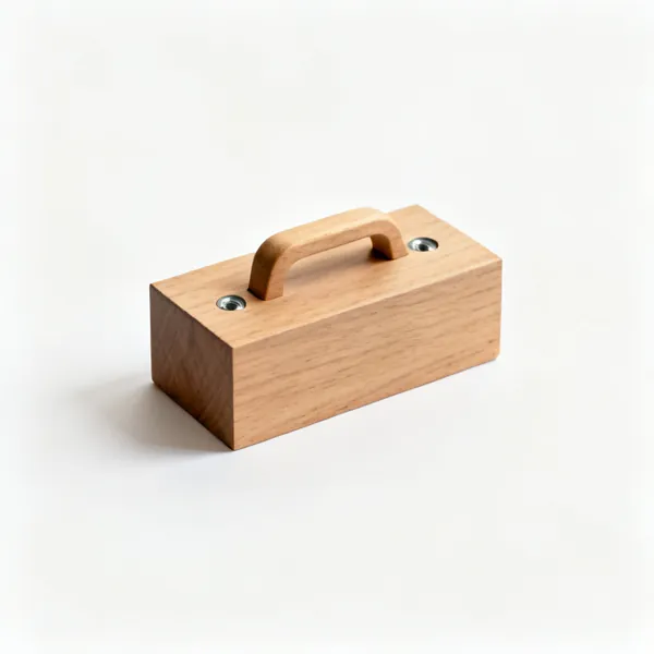A wooden bench stop, a small rectangular hardwood block with two countersunk screw holes