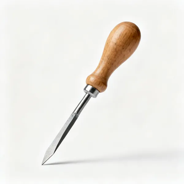 A bradawl with a wooden bulb handle and a short flat chisel edged steel point