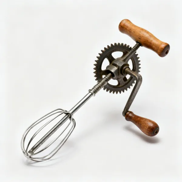 A vintage style eggbeater hand drill with a wooden handle, side crank and gear wheel