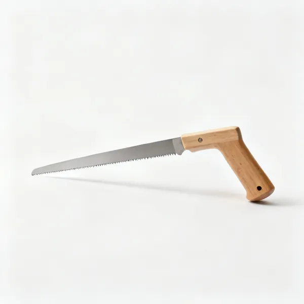 Small pull saw: A small japanese pull saw with a straight wooden handle and a thin fine toothed blade