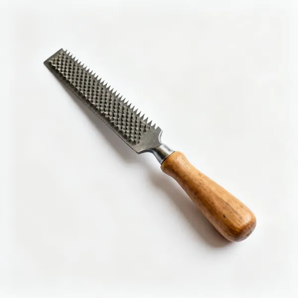 Small rasp: A small half round wood rasp with coarse raised teeth and a wooden handle