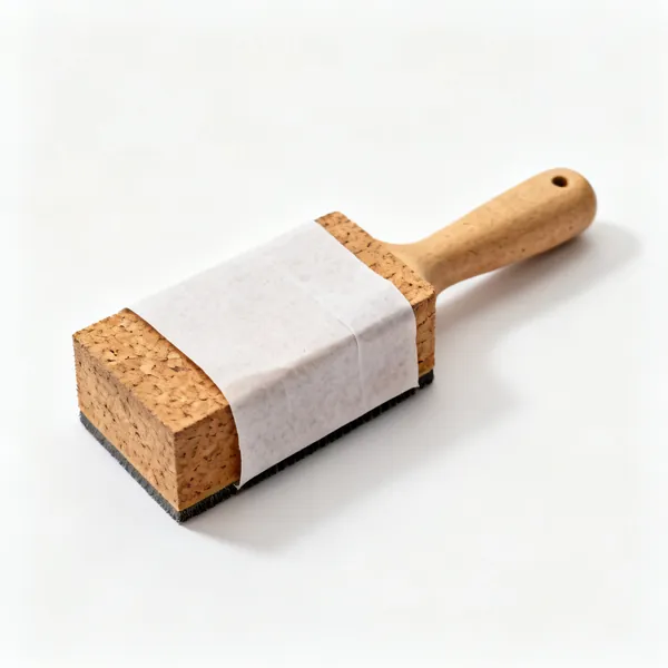 A cork sanding block with a sheet of abrasive paper wrapped around it
