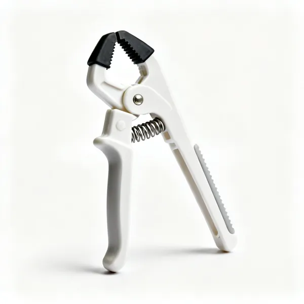 Spring clamps: A plastic one handed spring clamp with rubber tipped jaws and a coil spring