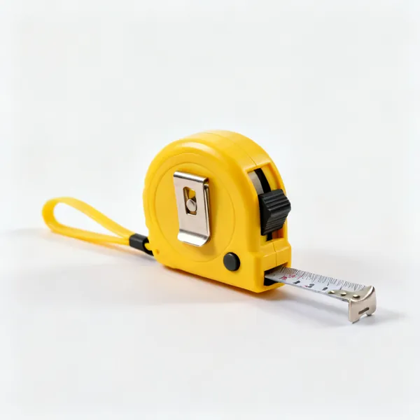 Small tape measure: A small compact tape measure with a yellow case, belt clip and locking button