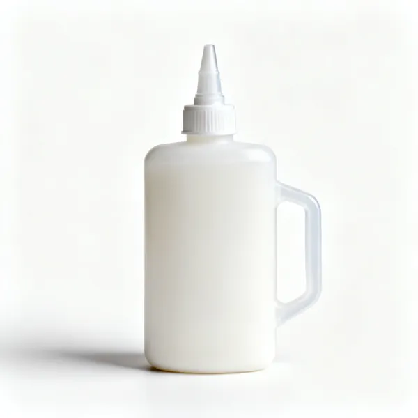 A plastic bottle of white PVA wood glue with a nozzle cap