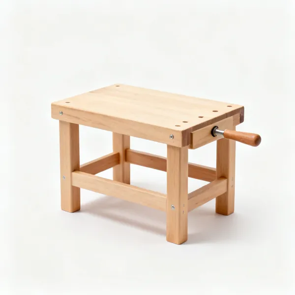Child height bench: A small wooden childrens workbench with a flat top and four sturdy legs