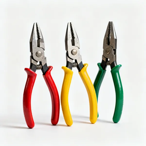 Aviation snips set: A set of three aviation tin snips with red yellow and green handles and serrated jaws