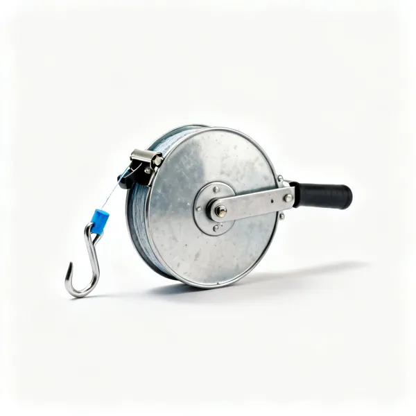 A chalk line reel with a metal case, hook and blue chalk