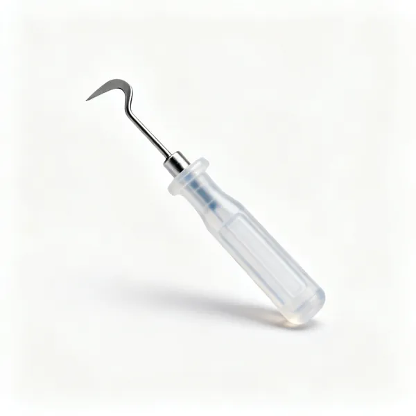 A deburring tool with a plastic handle and a small swivelling hooked steel blade