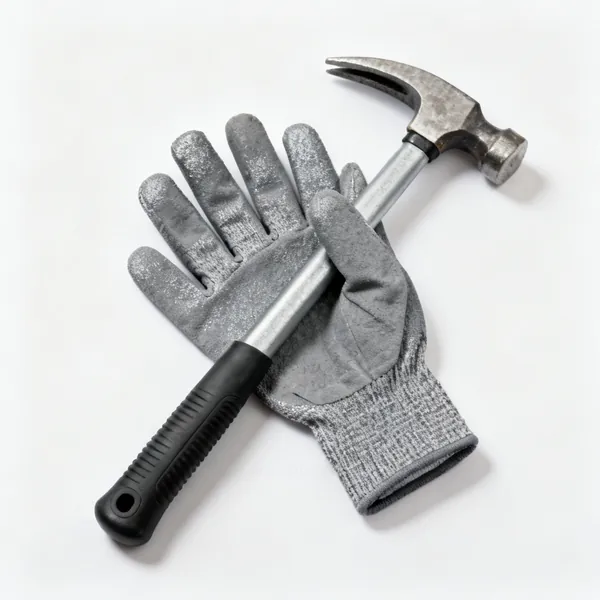 Cut resistant gloves: A pair of grey cut resistant work gloves with coated palms