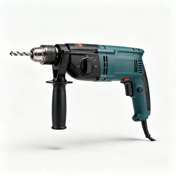 A corded hammer drill with a keyed chuck, side handle and pistol grip