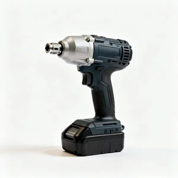 A cordless impact driver with a hex chuck, battery and pistol grip