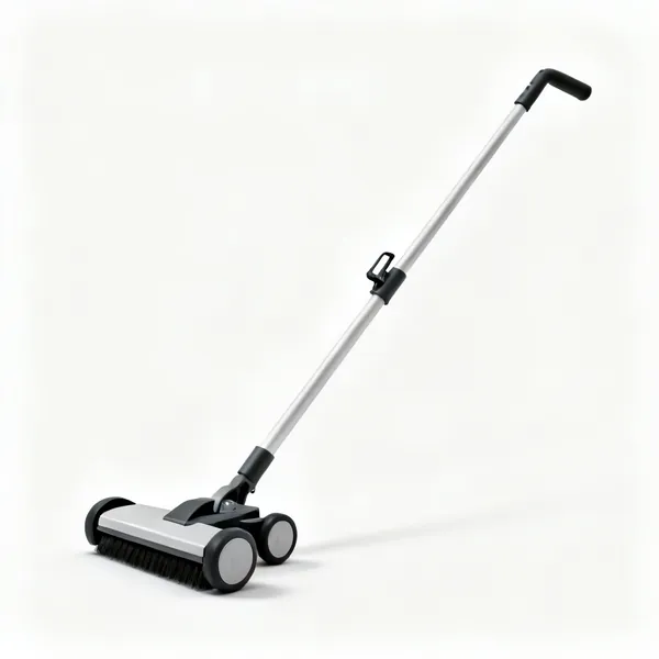 A magnetic sweeper on a long handle with wheels and a release lever