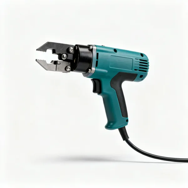 An electric sheet metal nibbler with a punch head, pistol grip and power cable
