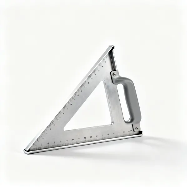 An aluminium speed square, a triangular carpenters square with a lipped edge