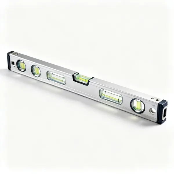 1200mm spirit level: A long aluminium spirit level with several glass vials and machined edges