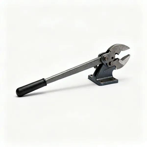 Bench stud shear: A bench mounted lever stud shear with a long handle and shaped cutting jaws