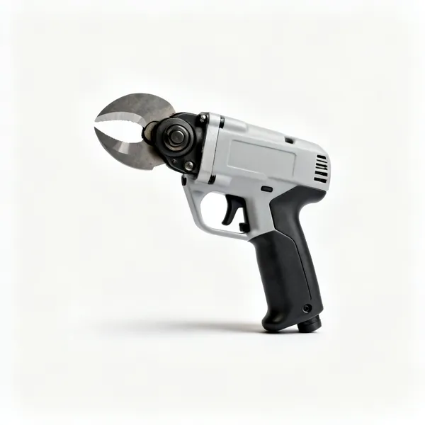Swivel head shears: A swivel head power shear with a rotating cutting head and a pistol grip