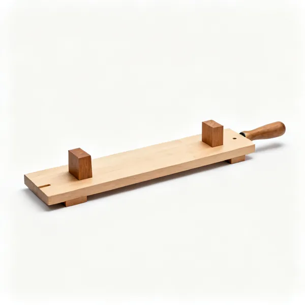 A wooden bench hook, a flat board with a raised wooden stop block at each end