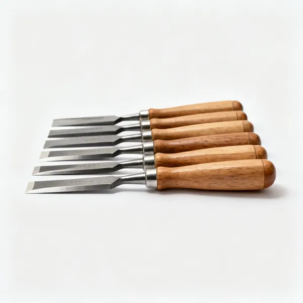 Bevel edge chisels: A set of bevel edge wood chisels with wooden handles arranged in a row