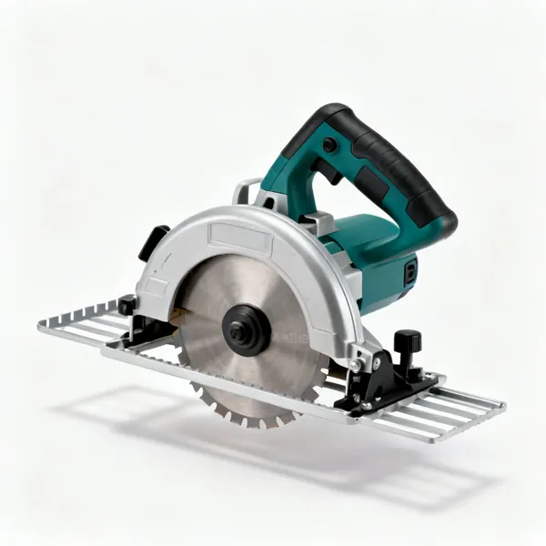 A biscuit jointer power tool with a circular blade housing and a fence